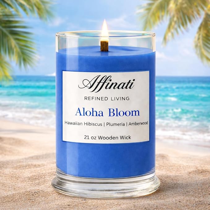 Affinati Aloha Bloom Large Scented Candle, 21 oz Wooden Wick Tumbler – Highly Fragrant Long Lasting Premium Sweet Floral Fragrance, Soy Blend