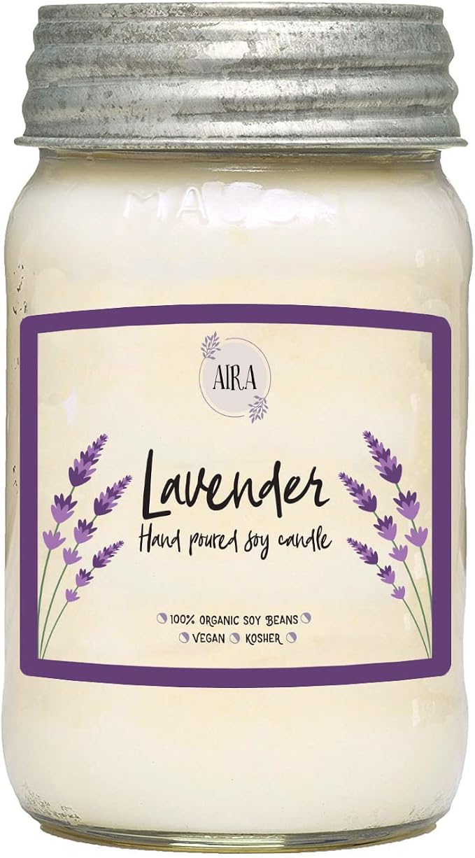Aira Soy Candles - Organic, Kosher, Vegan, in Mason Jar w/Therapeutic Grade Essential Oil Blends - Hand-Poured 100% Soy Candle Wax - Paraffin Free, Burns 110+ Hours - Pure Lavender - 16 Ounces