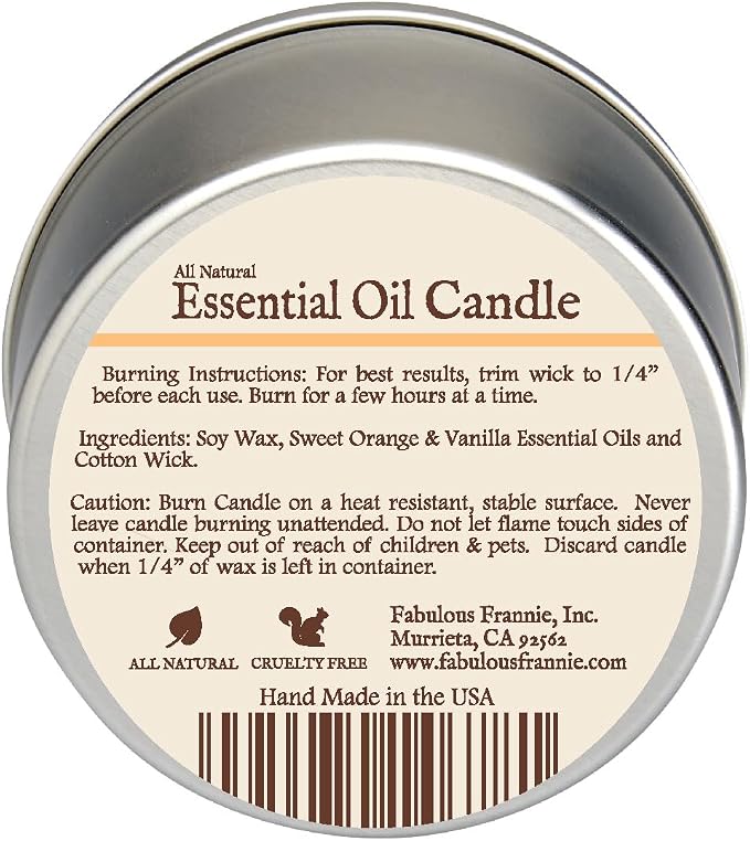 Fabulous Frannie All Natural Aromatherapy Soy Candle Travel tin Made with Pure Essential Oils 100 Hours Burn time 6oz (Orange Vanilla)