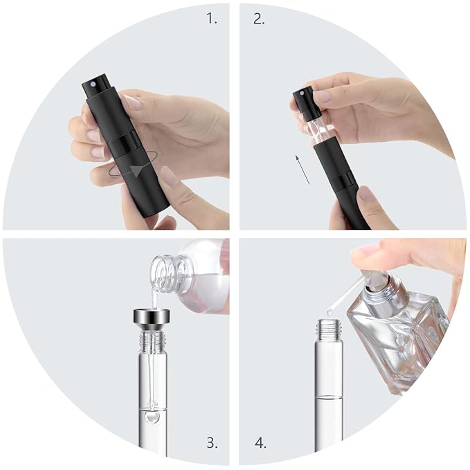 Lil Ray 8ml Portable Mini Perfume Atomizer(4 PCS)，Refilable Empty Small Spray Bottle for Travel, Twist Type Pocket Cologne Sprayer (Matte Black)