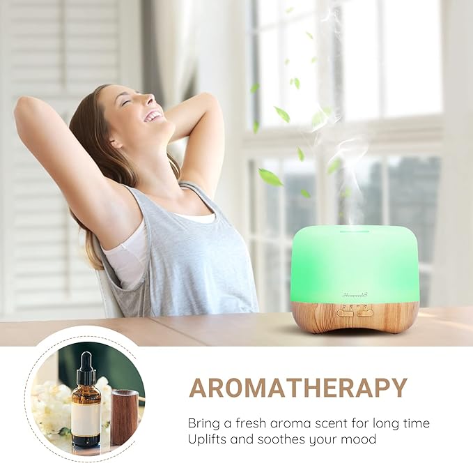Homeweeks 300ml Essential Oil Diffuser, Quiet Aromatherapy Mist Diffusers for Essential Oils, Wood Grain, Ultrasonic, Remote Control, Timer, 7 Colors Light for Bedroom (300ml)
