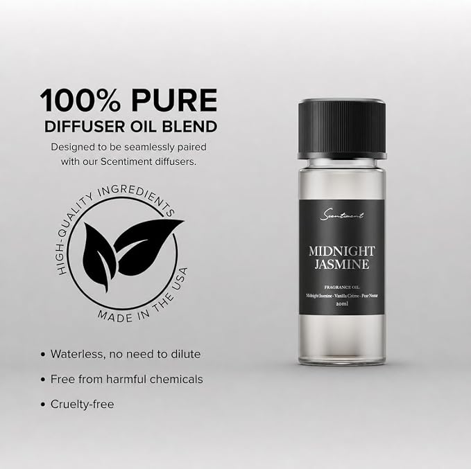 Scentiment Midnight Jasmine Diffuser Oil - Premium Hotel Scent with Notes of Jasmine, Vanilla Crème & Pear Nectar Home Scent, Hotel Fragrance Oil Diffuser Refill - 0.68 fl oz (20 mL)