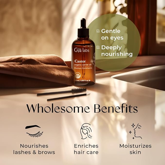 Gya Labs USDA Organic Castor Oil - 1.69 Fl Oz - Carrier Oil for Hair, Skin, Face, Scalp & Body Massage