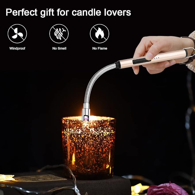 ARECTECH Electric Arc Candle Lighter Flameless Rechargeable USB Long Lighters for Candle Cooking BBQs Fireworks Gold 2 Pack