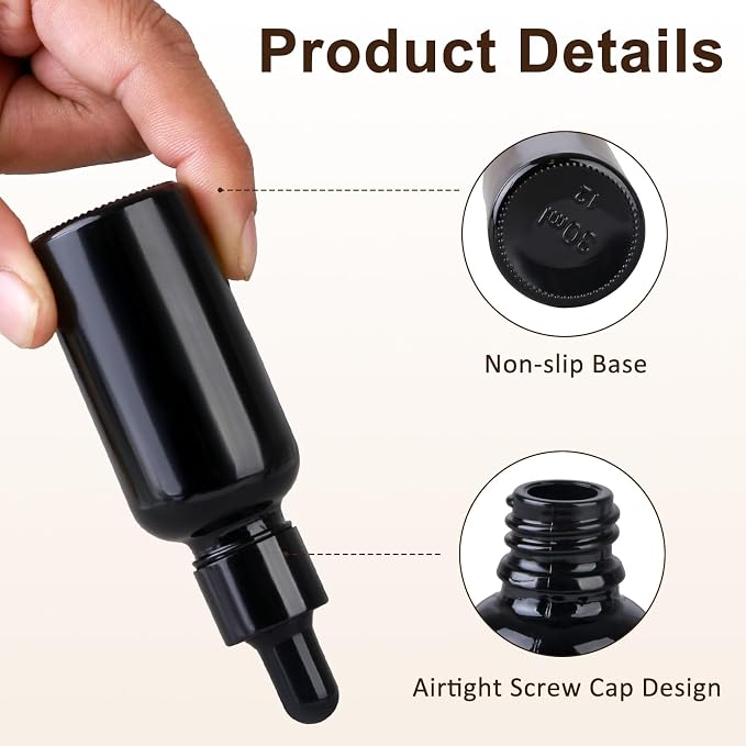 1 oz Dropper Bottles for Essential Oils，12Pack 30ML Glass Bottles with Glass Eye Dropper Leak Proof Travel Dispenser Bottle for Essential Oils,tincture, Aromatherapy, Chemistry Lab Chemicals (Black)