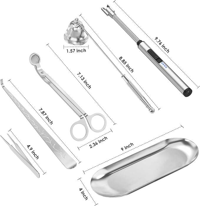 6 in 1 Candle Accessory Set,Candle Wick Trimmer Cutter,Candle Wick Dipper,Candle Wick Snuffer, Rechargeable Candle Lighter,Storage Tray Plate,Tweezers,Stainless Steel Candle Care Kit Home Gift
