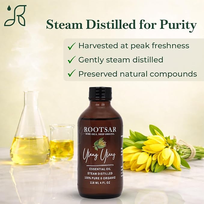 Ylang Ylang Essential Oil – 100% Pure Organic Ylang Ylang Oil, Steam Distilled, 4 FL OZ / 118 ML – Premium Essential Oil for Diffuser, Aromatherapy, Massage, Skin Care, Candle & Soap Making