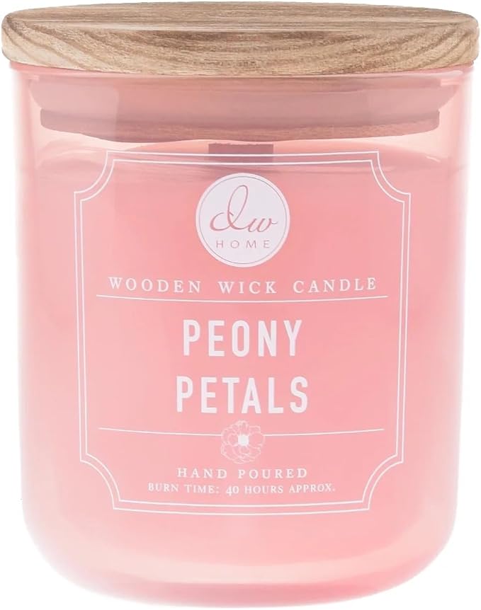 DW Home Peony Petals Wooden Wick Candle – Fresh Peony, Rose & Freesia Floral Fragrance, 12 oz Crackling Wood Wick Jar Candle, Long Burning Home Fragrance Candle