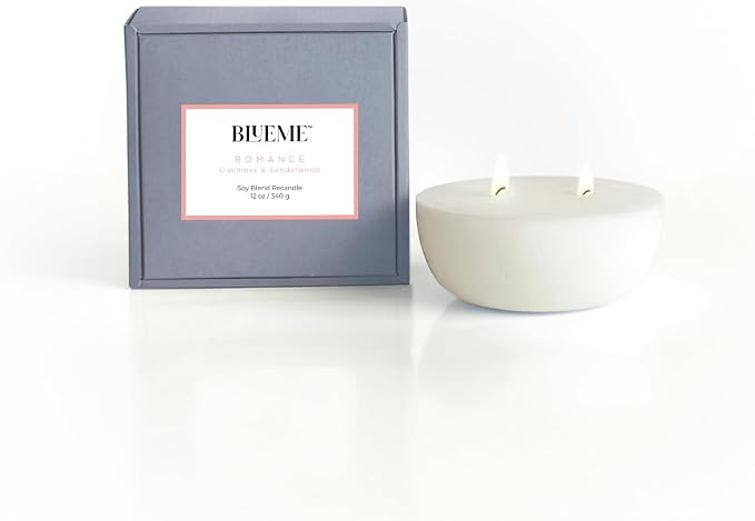 Blueme Romance Candle Refill | Oakmoss & Sandalwood | 2 Wick - Contains Essential Oil, Sustainable, Hand Finished, Hand Poured, Luxury Refill, Natural Cotton Wick, Soy-Wax Blend | Medium 12 oz