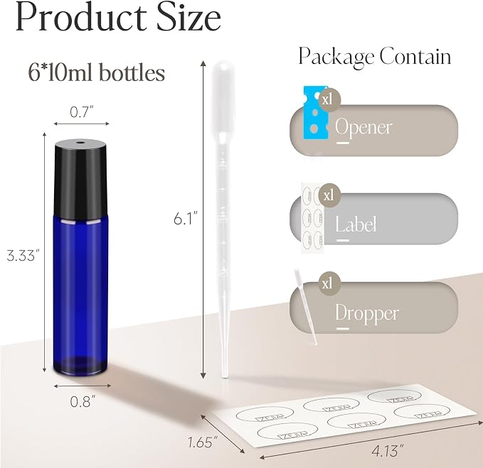 10ml Roller Bottles for Essential Oils, 6 Pack Cobalt Blue Thick Glass Bottles with Stainless Steel Roller Balls and 2 Droppers
