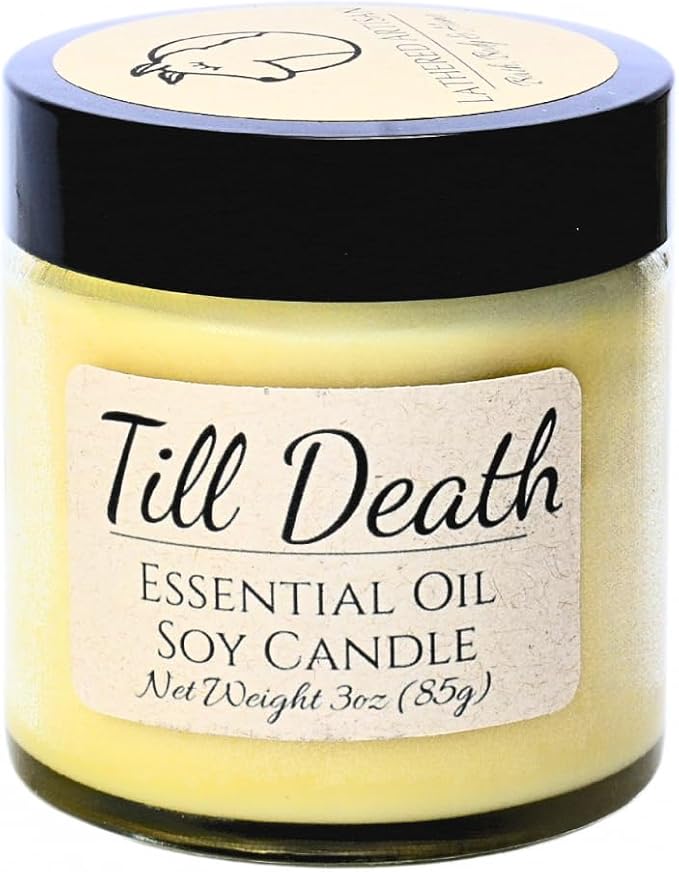 Lathered Artisan Till Death Spiced Essential Oil Candle 3 oz, Hand Crafted Pure Soy Wax Candle with Wooden Wick and Dried Flowers, 23 Hour Burn Time, Natural Aromatherapy Glass Jar Candle with Lid