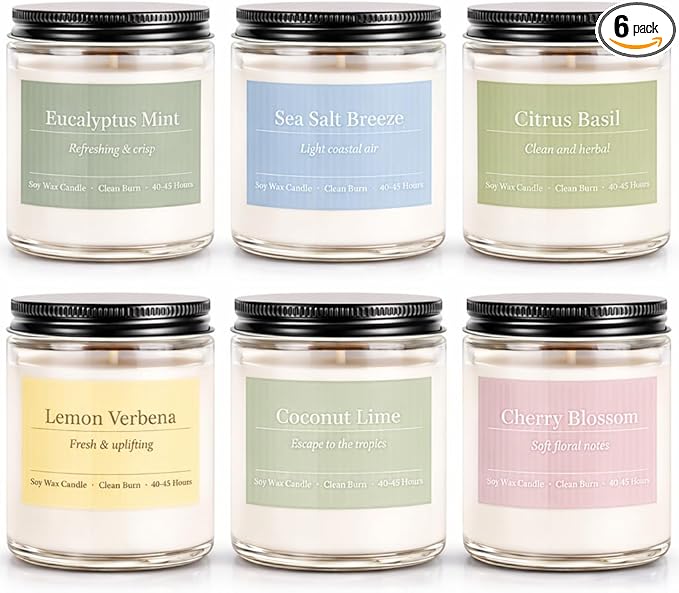 Scented Candles Gift Set,6 Pack Spring Summer Soy Wax Aromatherapy Candles,Lemon Verbena,Coconut Lime,Sea Salt Breeze, Citrus Basil, Eucalyptus Mint & Cherry Blossom