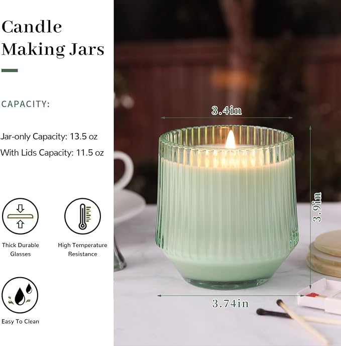simeitol 13 OZ Light Green Large Candle Jars for Making Candles - 6 Pack Glass Candle Jars Bulk with Vertical Striped, Candle Vessels Supplies with Bamboo Lids and Candle Wick Kit, for DIY & Home