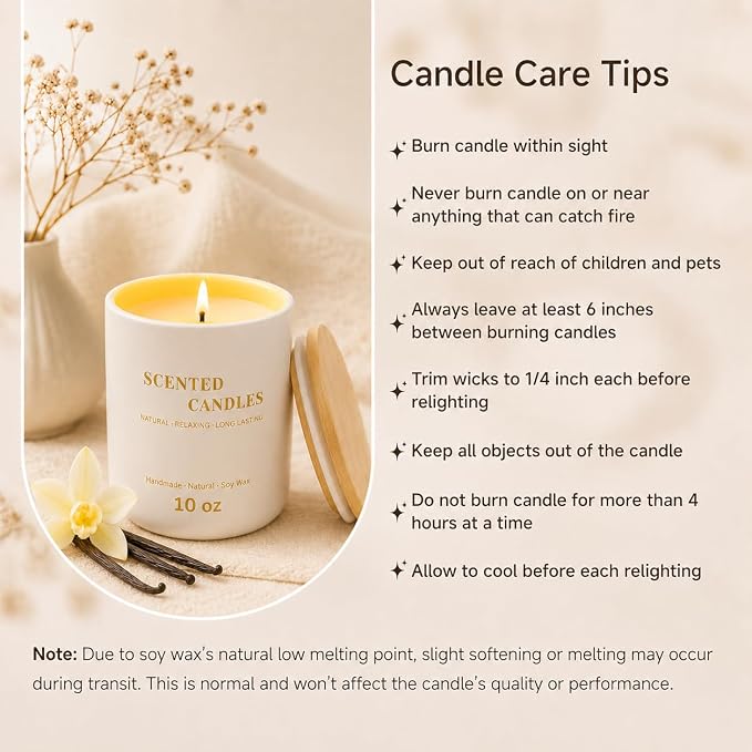 Lanttu Vanilla Scented Candle for Home Decor, 10 oz Natural Soy Wax Jar Candles, 39 Hours Long Lasting Burning Candles for Mom Friend Birthday Housewarming Gift
