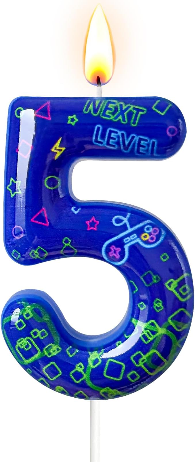 Number 5 Birthday Candle for Cake – Blue Gaming Theme Number Candle with “Next Level” Design, Video Game Style Cake Topper for Anniversary & Celebration