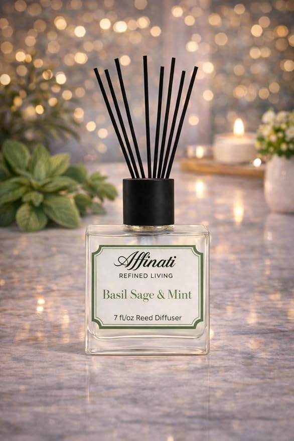 Affinati Basil, Sage & Mint Reed Diffuser – 7.0 fl oz Home Fragrance Diffuser with 8 Reeds – Long Lasting Flame Free Room Fragrance for Bedroom, Bathroom, Office & Living Room