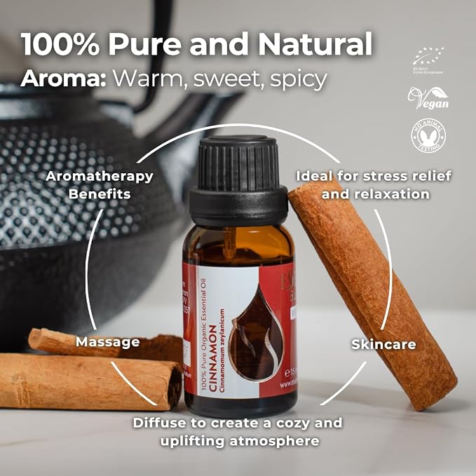Essences Bulgaria Organic Ceylon Cinnamon Essential Oil 0.51 Fl Oz 15ml Cinnamomum Zeylanicum - 100% Pure and Natural Undiluted Therapeutic Grade Aromatherapy for Diffusers Home Humidifier