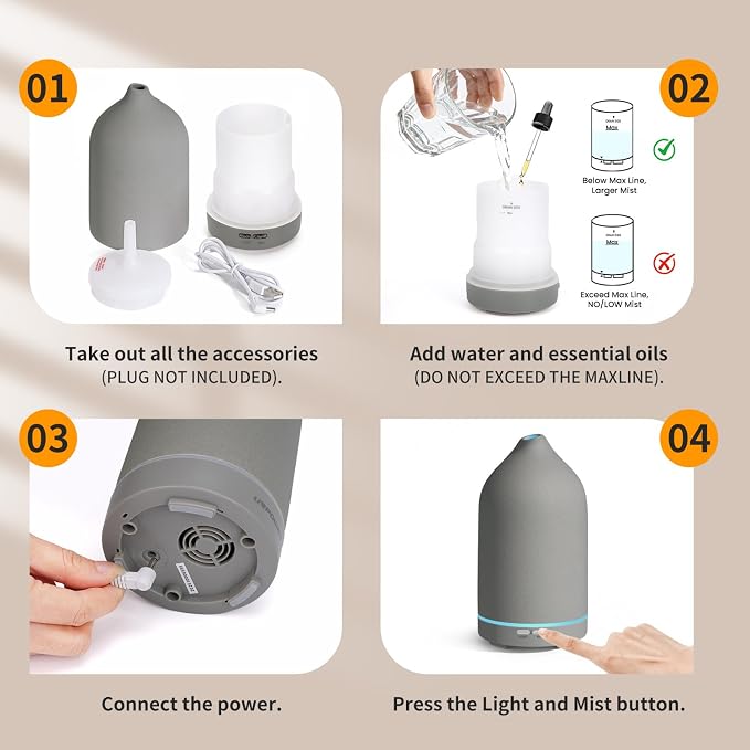 URPOWER 120ML Essential Oil Diffuser Aromatherapy Diffuser Oil Machine with Elegant Gray Ceramic Design Ultrasonic Cool Mist Humidifier with 7 LED Lights, Auto-Off for Home Decor & Relaxation Office
