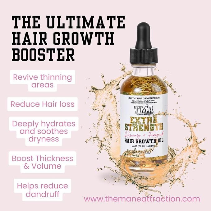 The Mane Attraction Extra-Strength Herbal Hair Growth Oil, Rosemary & Fenugreek Blend, Castor & Vitamin E Infusion, Scalp-Nourishing for All Hair Types, 2 Fl Oz