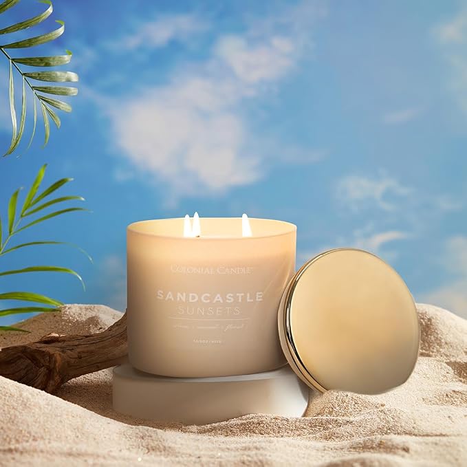 Colonial Candle Sandcastle Sunset Scented Jar Candle, Pop of Color Collection, 3 Wick, Green, 14.5 oz - Up to 60 Hours Burn
