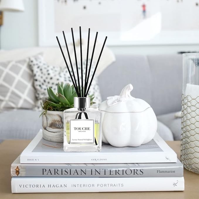 Touche Luxury Natural Reed Diffuser. Long Lasting Scented Home Fragrance. Natural Essential Oil Alcohol-Free. 4.75 OZ. Glass Bottle (Pink Champagne - Clear Bottle)