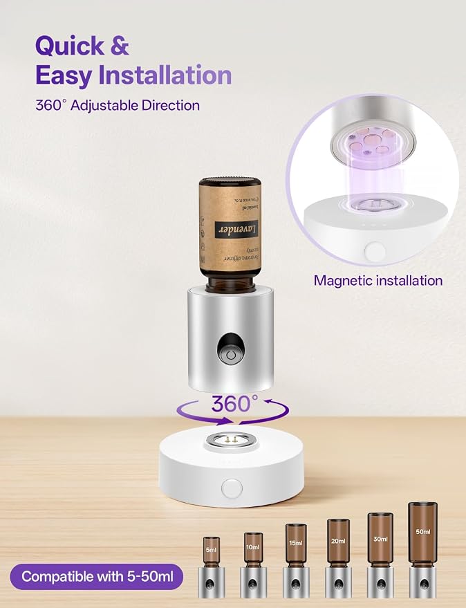 Mini Waterless Nebulizing Essential Oil Diffuser with 10ml Lavender Oil for Aromatherapy, Small Portable with Air Mist and Scent for Home, Room, House, Desk, Office, Travel - Silver