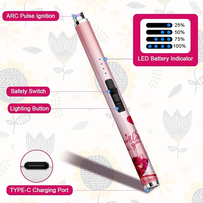 SUPRUS Candle Arc USB Type C Lighter Electric Lighter with Upgraded LED Battery Display Safety Switch Rechargeable Flameless Plasma Windproof Portable for Mother‘s Day (Pink)