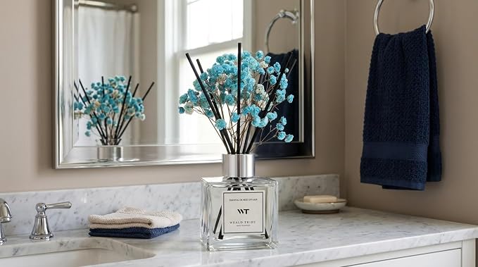 WEALD TRIBE Reed Diffuser Set for Bathroom Air Fresheners with Real Flower, Oil Diffuser Stick | Ocean Mist & Sea Salt Scent 5.1 fl oz Home Fragrance with Sticks Defusers | House Office Shelf Decor
