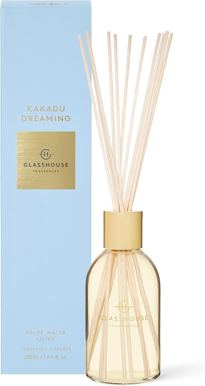 Glasshouse Fragrances Kakadu Dreaming Reed Diffuser, Home Fragrance & Perfume Scented Room Decor, Natural & Oil Free, White Water Lillies, 8.5 Oz (250mL)