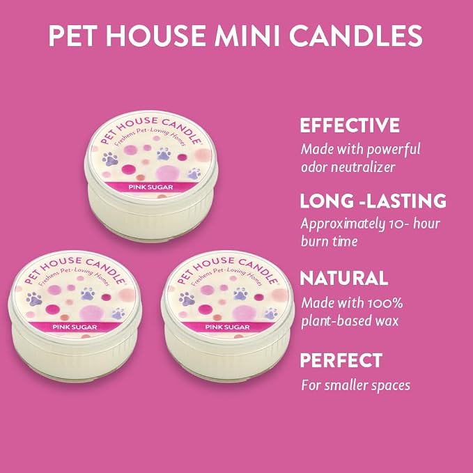 Pet House Mini Candles for Pet Odor Made with Natural Soy Wax, Plant Based, Dog and Cat Friendly Scented Candles, Pink Sugar Pack of 3