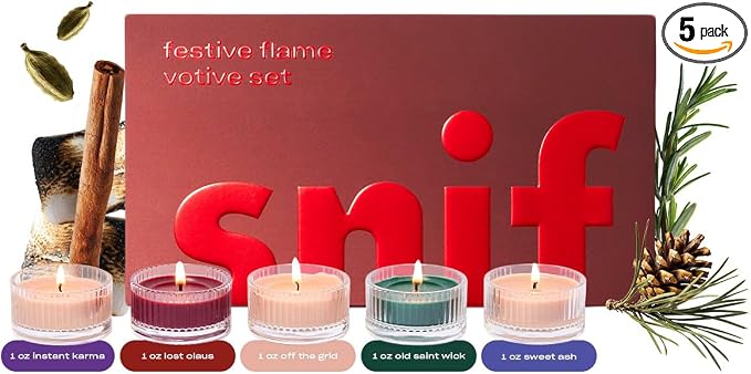 Snif Festive Flame Votive Candle Set, 5 Premium Holiday Scented Candles, 100% Cotton Fiber Wicks, Soy Wax Blend, Non-Toxic, Vegan