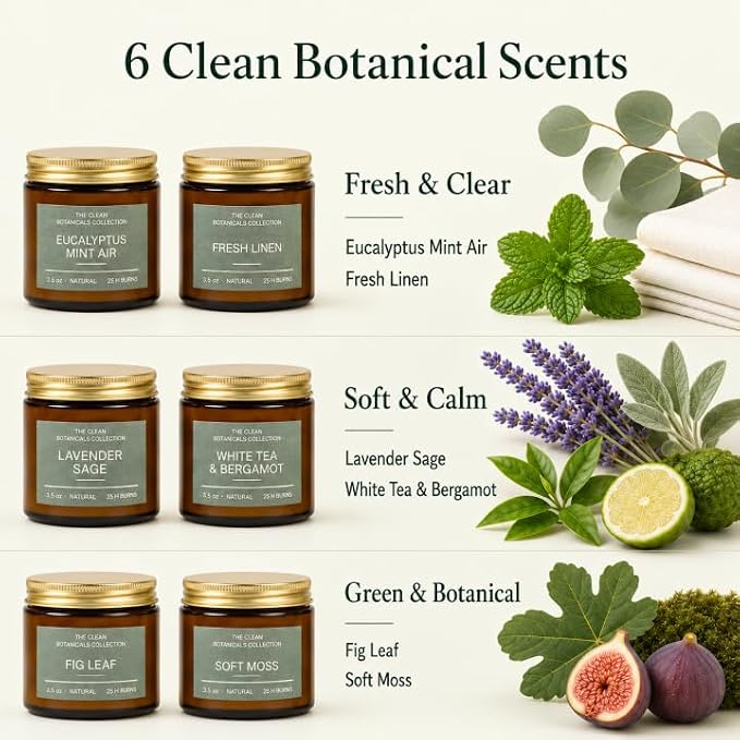 Scented Candles Gift Set for Women, Clean Botanicals Collection, 6 Pack 3.5 oz Natural Soy Wax Candles in Amber Glass Jars, Aromatherapy Gifts for Mom Birthday Housewarming, Lavender Sage