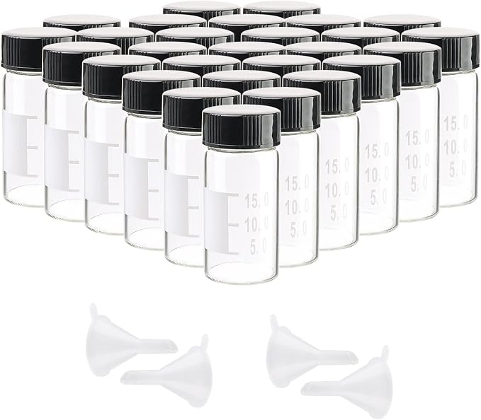Kesell 28 Pack 20ml Empty Glass Vials Clear Glass Bottles with Screw Cap (4pcs Funnels)
