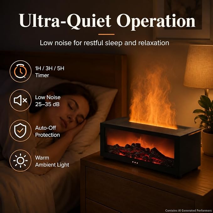 Essential Oil Diffuser, Fireplace Fire Flame Aromatherapy Diffuser, 150ml Ultrasonic CoolMist Humidifier, Scent Aroma Diffuser with 7Colors Light. Timer & Auto-Off for Home