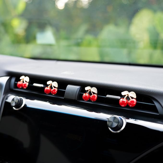 Rislobx 4PCS Cherry Air Vent Clip, Bling Air Outlet Freshener Clip, Crystal Diamond Cherry Car Accessories, Girly Car Decor for Women