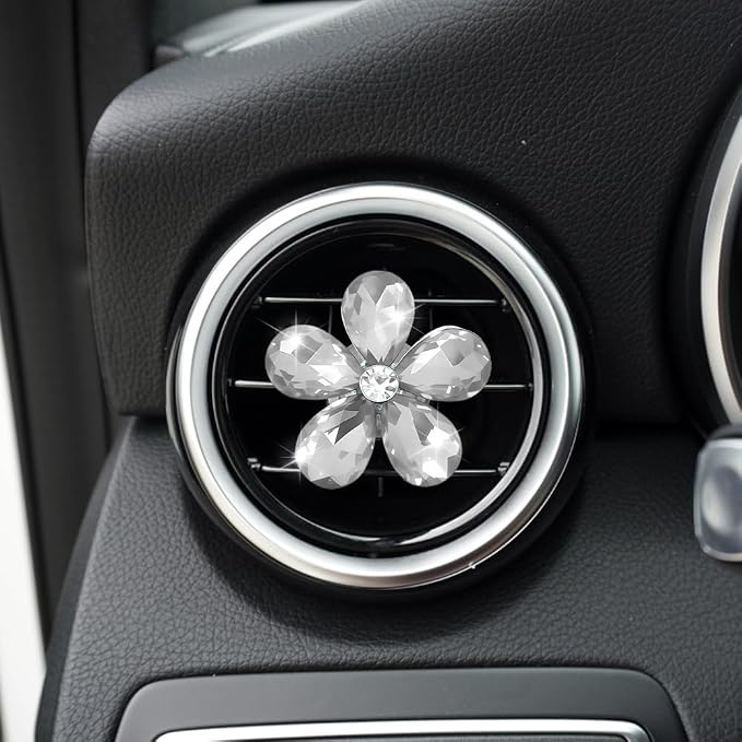 5PCS Bling Daisy Flower Car Air Vent Clips, Car Diffuser Vent Clip, Sparkling Crystal Rhinestone Cute Auto Air Conditioning Clamp, Diamond Air Outlet Clip Decor for Women Girls (White)