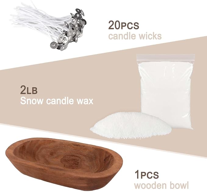 2LB Pure White Pearl Wax DIY Candles，Snow Sand Wax DIY Candle Making Kit - Complete Set with Wooden Bowl, 20 Cotton Wicks for Easy Crafting & Home Decor.