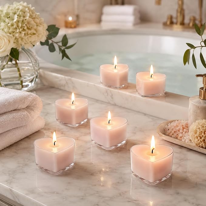 Pink Heart Tea Lights Set of 24, Handmade Tealight Candles with Gardenia Scent, Long Burning Tea Candles, Tealights for Wedding Meditation Home Spa Decor Gift