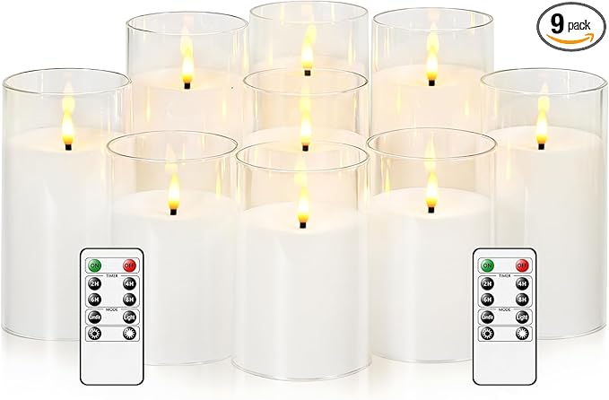 kakoya Flickering Flameless Candles Battery Operated with Remote and 2/4/6/8 H Timer Acrylic Led Pillar Candles Pack of 9 (D 3" xH 4" 5" 6") with Realistic 3D Wick Candles for Home Decor(White)