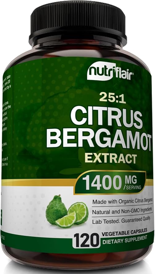 NutriFlair Organic Citrus Bergamot 1400mg, 120 Capsules - 25:1 Bergamia - Essential Oil and Citrus Bioflavonoids - Natural Heart Health Supplements for Women and Men - Non-GMO Pills