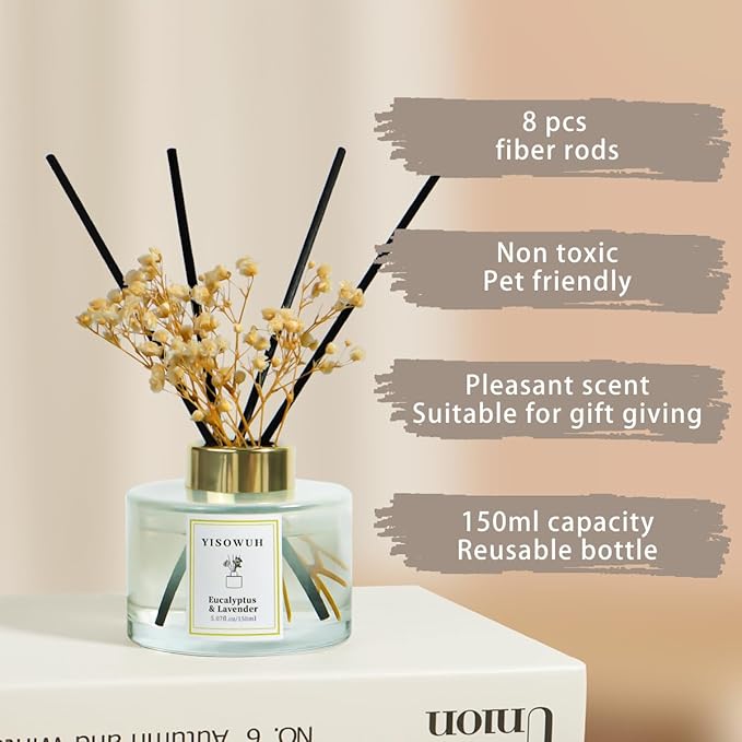 Reed Diffuser Set,5.07 fl oz (150 ml) - Eucalyptus & Lavender Oil Diffusers with 8 Reed Sticks,Home Fragrance Reed Diffuser for Bathroom Shelf Decor