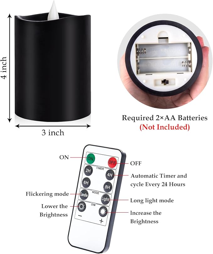 Black Flameless LED Candles - 3" x 4" Real Wax, Battery Operated with Remote Timer, 3D Flickering, Lasts 600+ Hours, Halloween & Christmas Deco (Black, 3"*4"-1pcs)