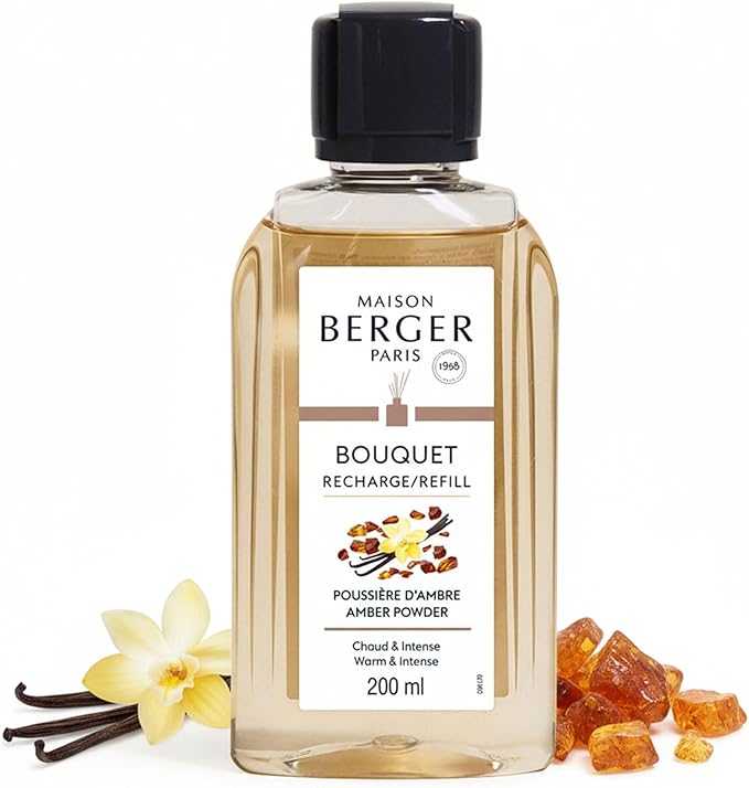 MAISON BERGER Reed Diffuser Refill, 200 ml, Amber Powder | Fragrance Refill for Reed and Ceramic Diffusers, Passive Diffusion, ~6 Weeks, No Flame or Electricity, Made in France