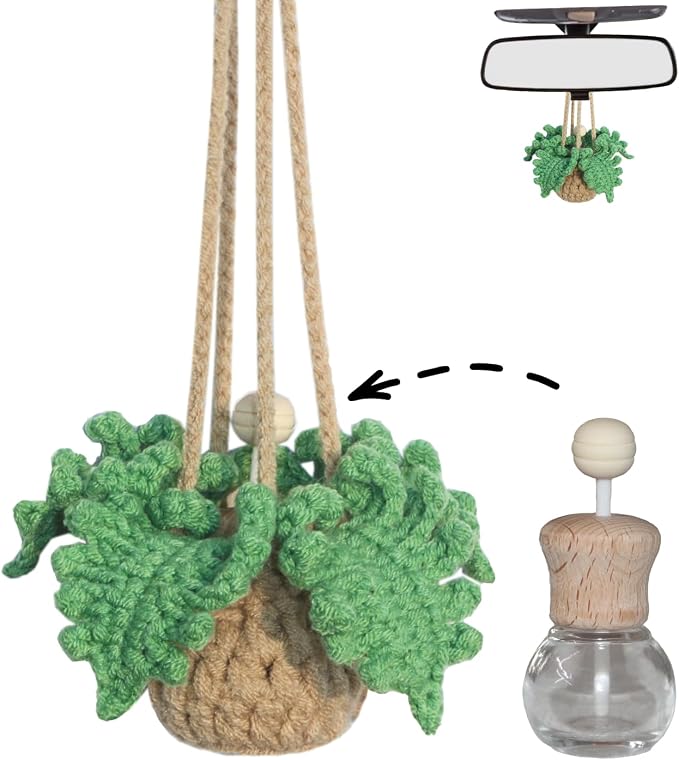 ROFIGL Handmade Crochet Car Air Freshener - Adorable Bendable Fern Plant with 8ml Empty Refillable Oil Diffuser Bottle, Suitable for Car Rearview Mirror Hanging, Home & Office Decor