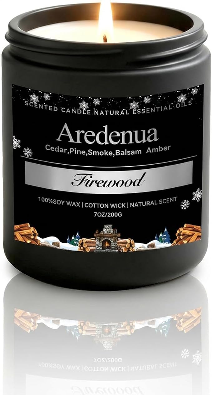 Firewood Candle – Winter Candles | Holiday Scented Candles, 7oz Jar Soy Candle for Home Scented - 50H Burn - Smoky Fireplace Cozy & Warm Scent, Christmas Holiday Décor Gifts for Women & Men