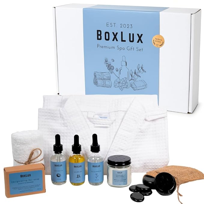 Luxury Spa Gift Set for Women & Men – Complete Self Care Relaxation Box with Cotton Waffle Robe, Eucalyptus Candle, Hot Stones, Essential Oils, Soap & Face Cloth
