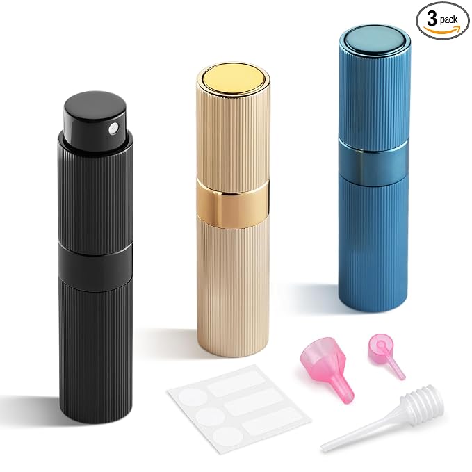 LISAPACK Perfume Travel Refillable Bottle - Atomizer Cologne Spray for Men Portable - Mini Sprayer Empty for Refill - Small Size 8ML Striped (Blue, Black, Gold)