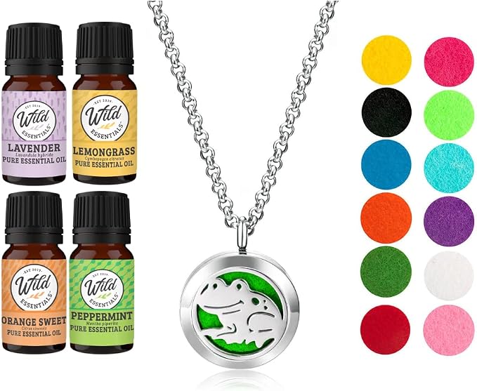 Wild Essentials Happy Frog Necklace Essential Oil Diffuser Kit with Lavender, Lemongrass, Peppermint, Orange Oils, 12 Refill Pads, Calming Aromatherapy Gift Set, Customizable Color Changing, Perfume