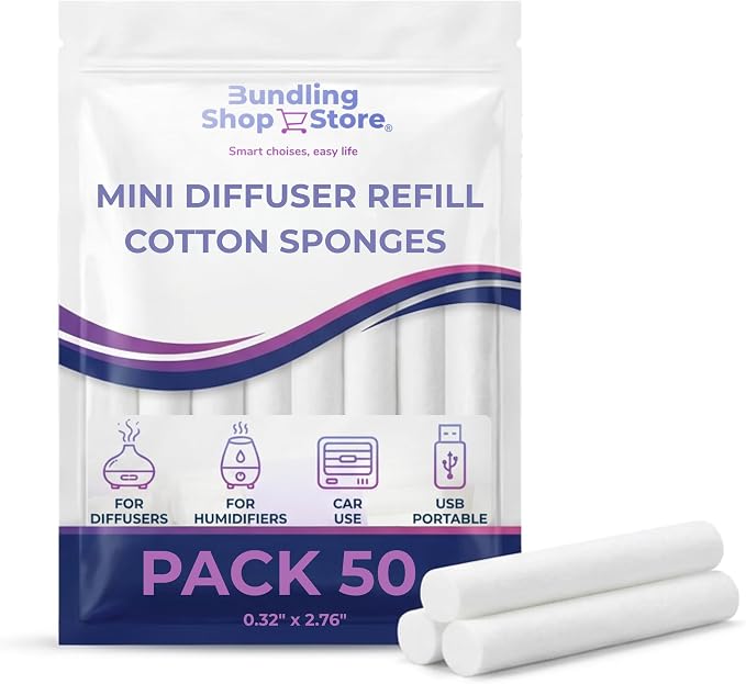 Mini Diffuser Refill Cotton Sponges – Filter Sticks Replacement Wicks for Essential Oil Diffuser, Humidifier, Car or USB Portable Aroma Diffuser (Pack of 50) - BUNDLING SHOP STORE