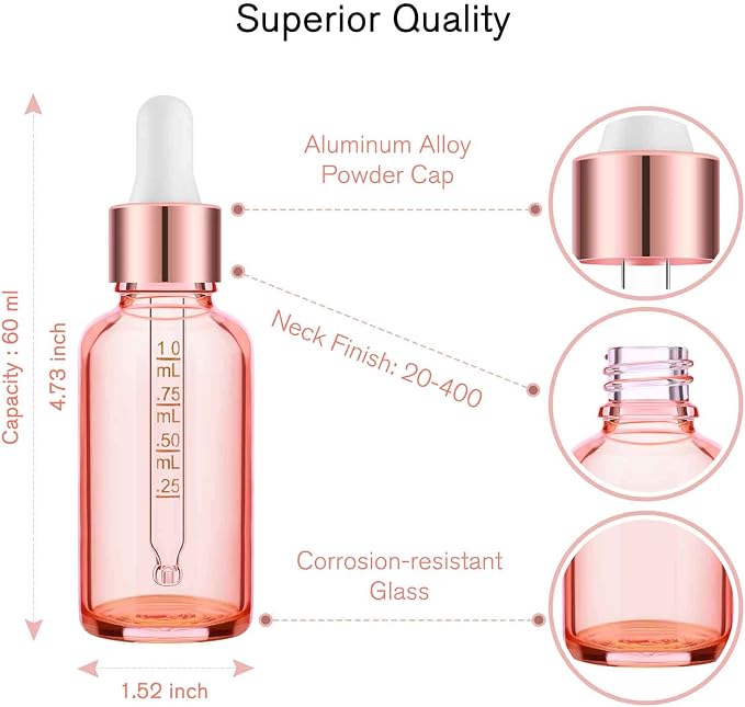 PrettyCare Glass Eye Dropper Bottles 2oz (60ml), 63 Pack Empty Thick Rose Glass Bottles Bulk with Leakproof Caps - With Labels & Funnels for for Storage, Travel,Essential Oils, DIY Serums, Tincture